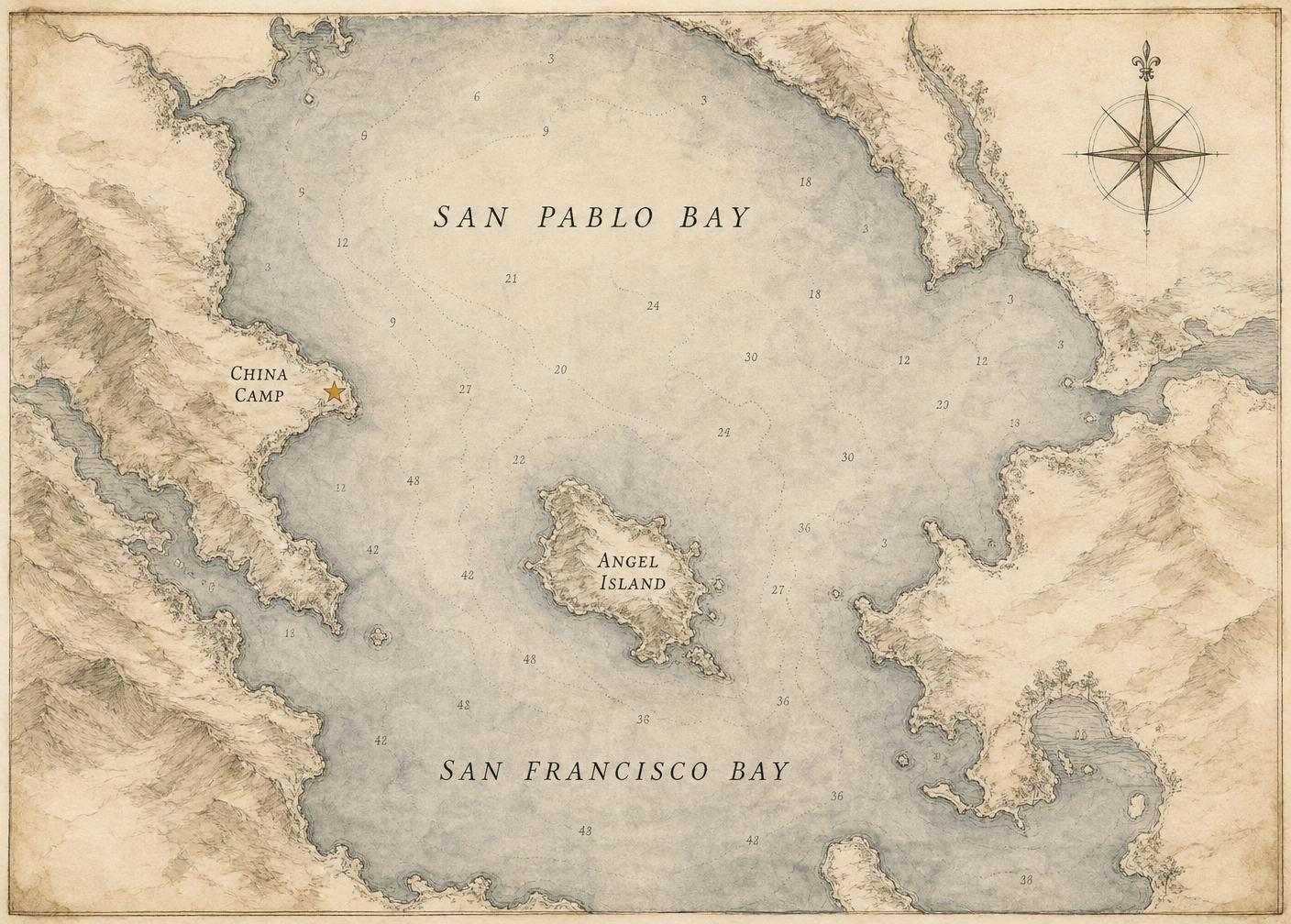 Hand-drawn nautical chart showing China Camp / Angel Island